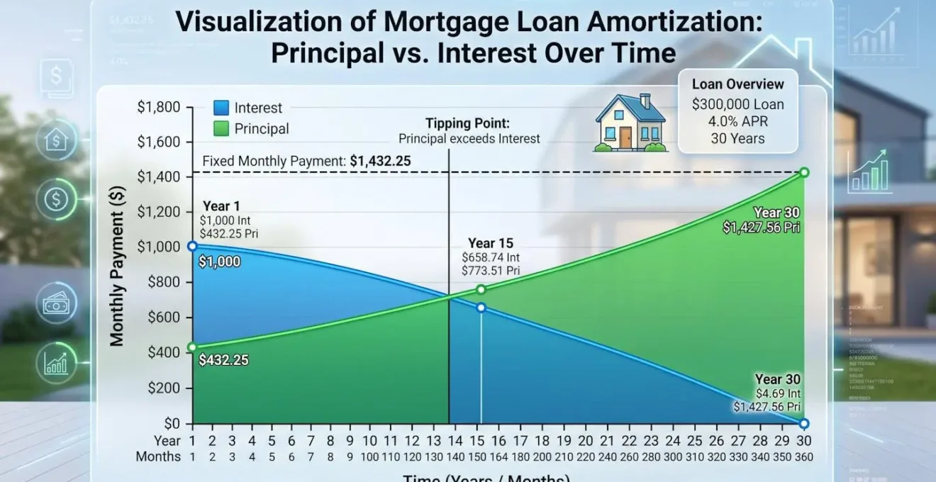 Visualisation de l'amortissement d'un prêt immobilier montrant la répartition entre intérêts et capital au fil du temps