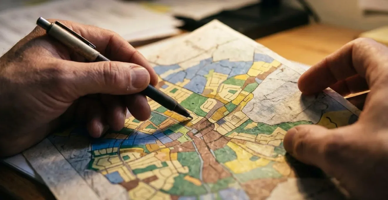 Gros plan sur des mains analysant des documents d'urbanisme avec cartes et plans