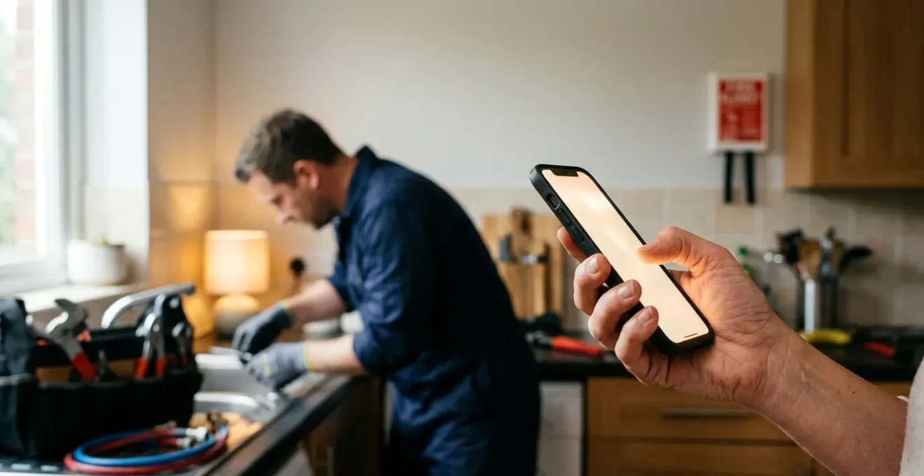 Main tenant un telephone pour appeler assistance habitation avec expert plomberie en arriere-plan