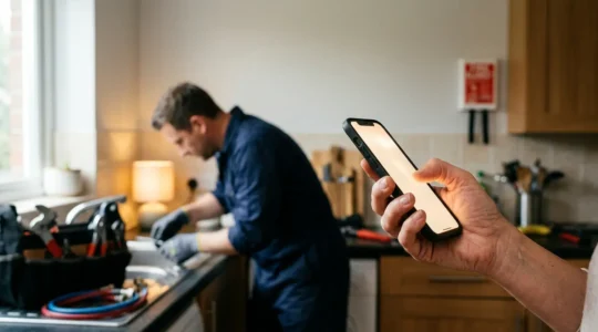 Main tenant un telephone pour appeler assistance habitation avec expert plomberie en arriere-plan