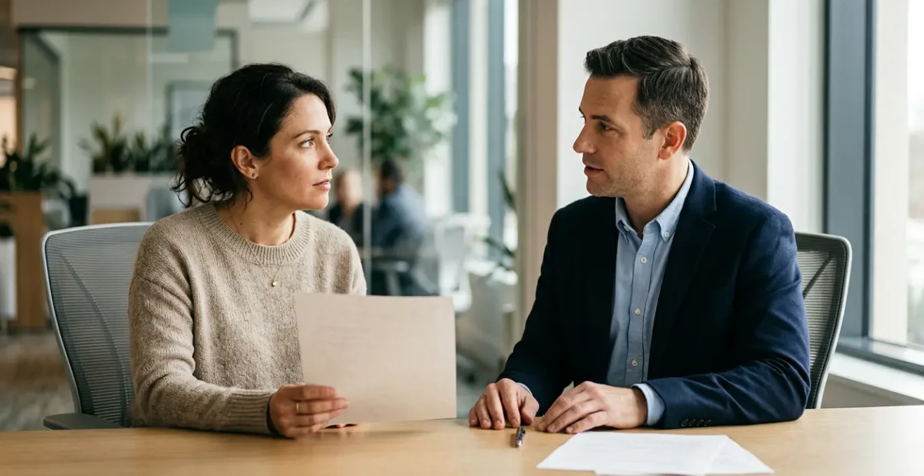 Professionnel de la finance et propriétaire analysant des documents de prêt relais dans un environnement bancaire moderne