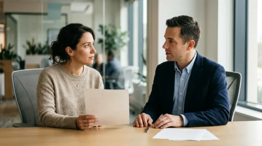 Professionnel de la finance et propriétaire analysant des documents de prêt relais dans un environnement bancaire moderne
