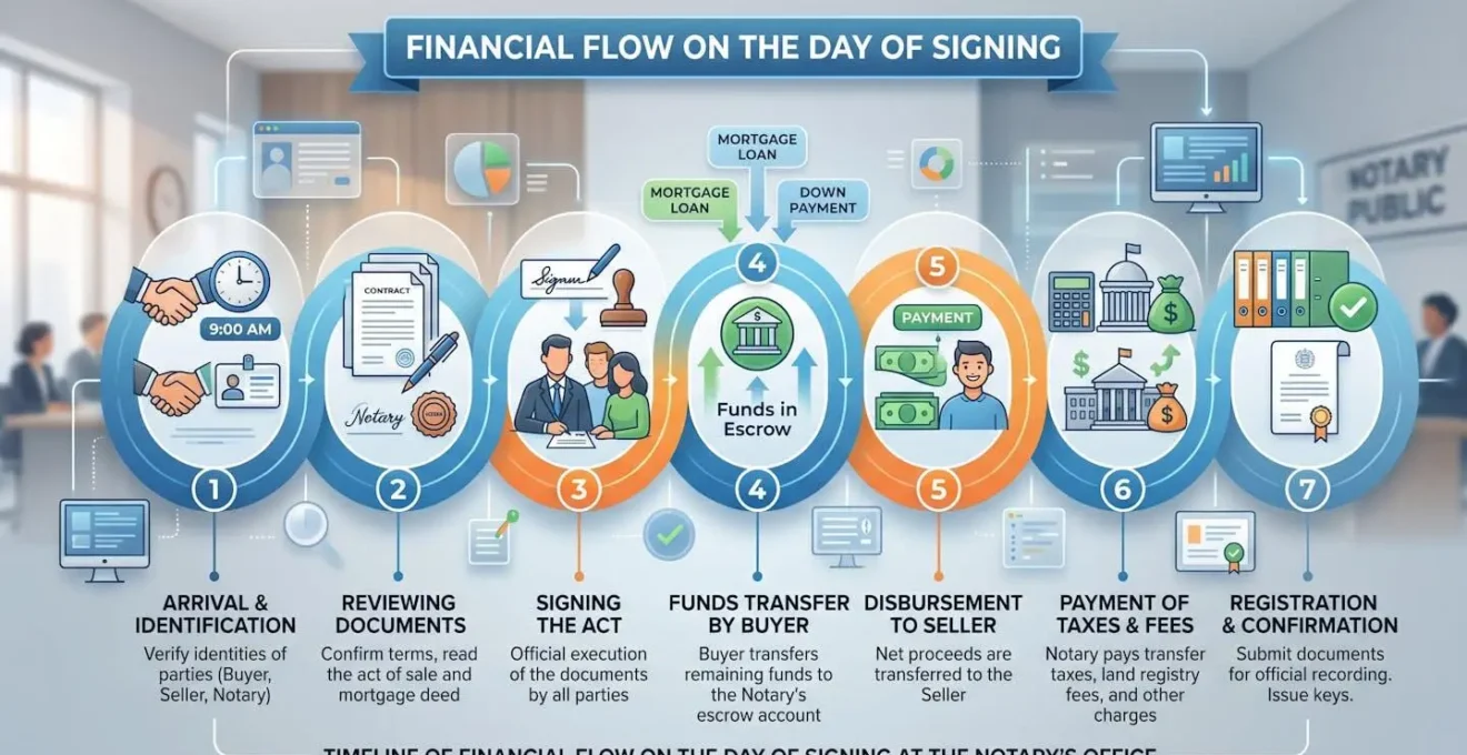 Chronologie du flux financier le jour de la signature chez le notaire
