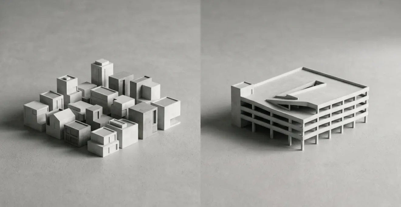 Illustration conceptuelle comparant l'investissement en SCPI et l'acquisition d'un parking physique