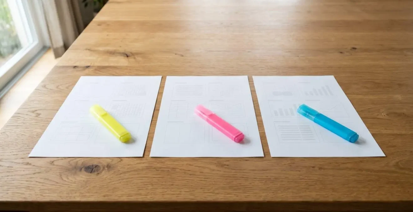 Trois documents de crédit alignés sur une table avec des surligneurs de couleurs différentes pour comparer les offres