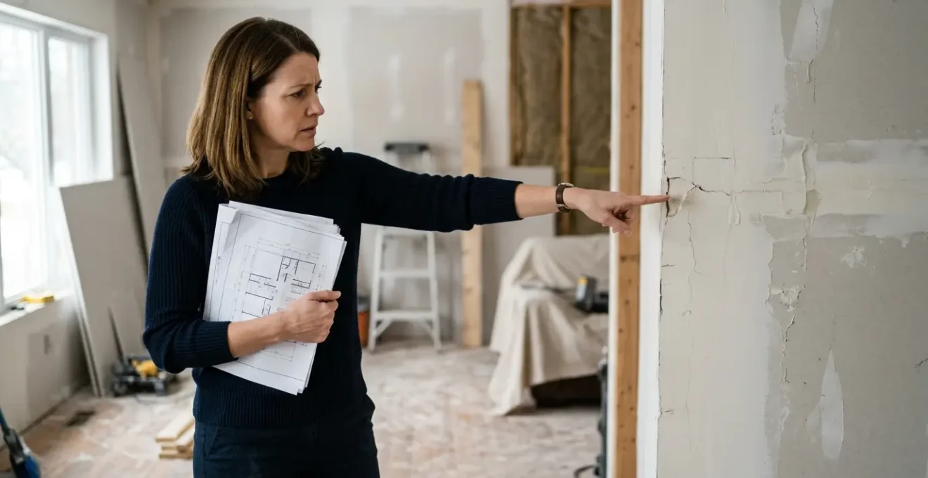 Propriétaire examinant des défauts de construction dans son logement avec documents contractuels