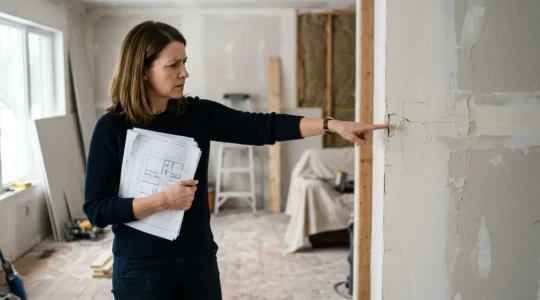 Propriétaire examinant des défauts de construction dans son logement avec documents contractuels