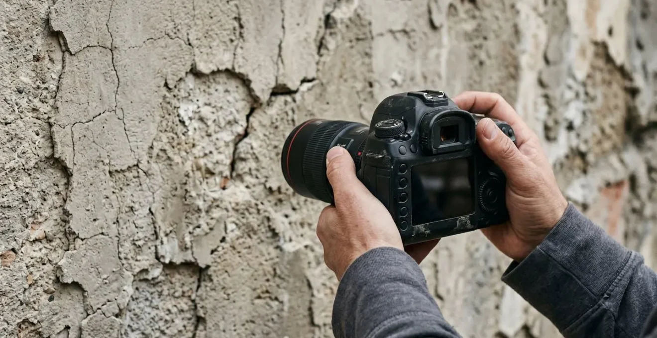 Gros plan sur des mains tenant un appareil photo professionnel photographiant des défauts de construction