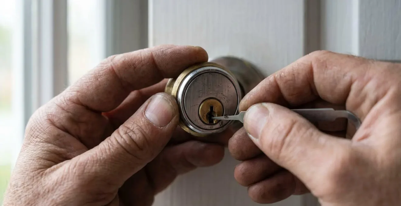 Gros plan des mains d'un artisan serrurier installant un nouveau cylindre de serrure dans une porte d'entrée
