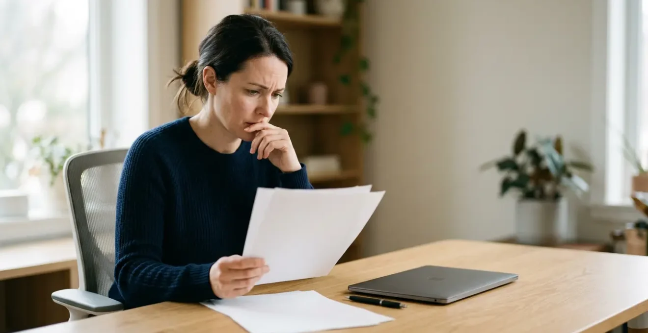 Homme en réflexion devant des documents financiers relatifs à un crédit automobile