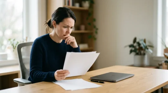Homme en réflexion devant des documents financiers relatifs à un crédit automobile