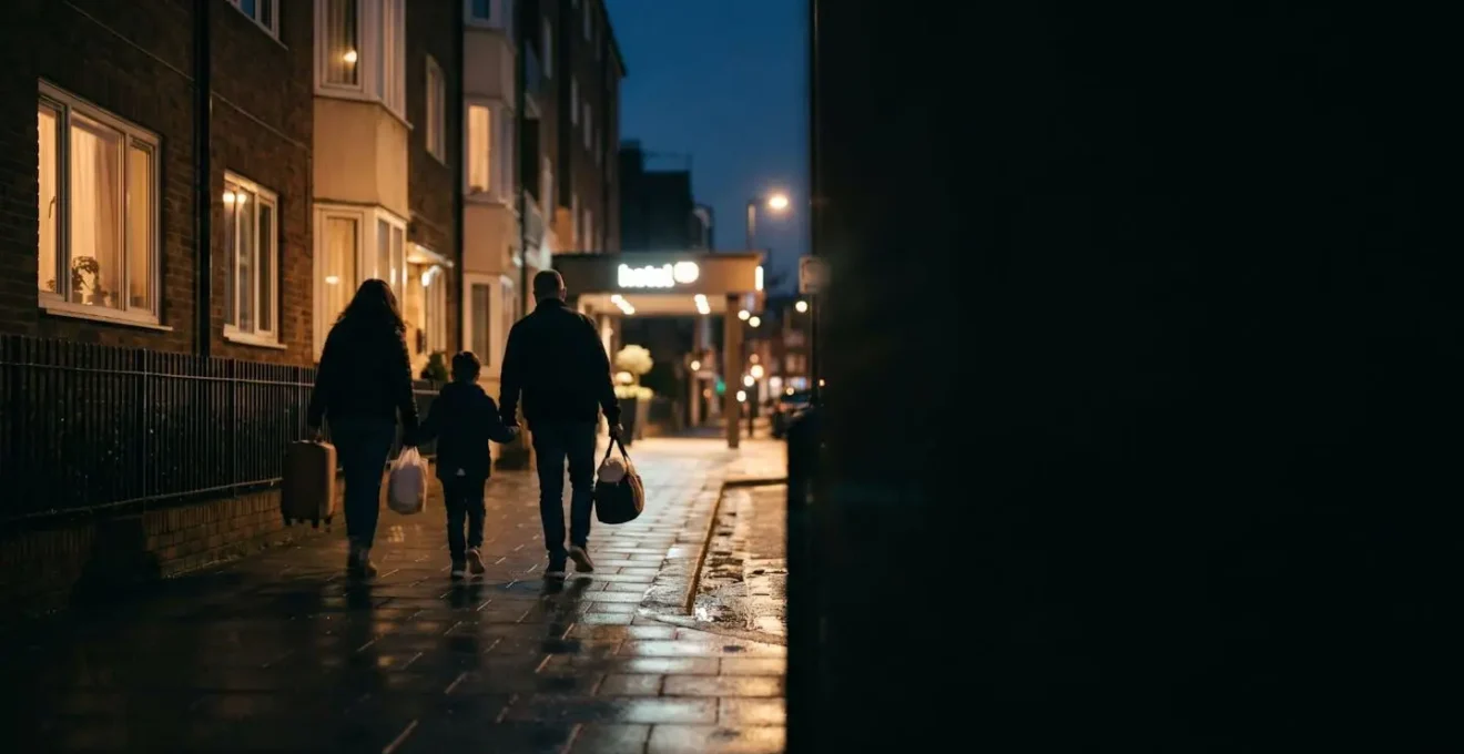 Famille quittant un domicile inondé avec des valises en direction d'un hôtel de nuit