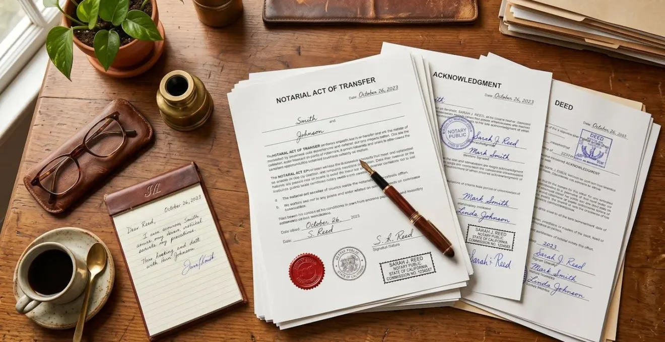 Vue en plongée de documents officiels et stylo sur bureau de notaire dans une ambiance feutrée