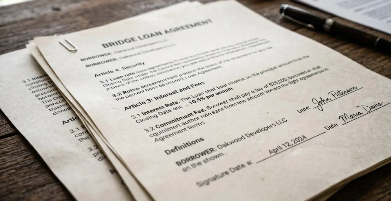 Gros plan sur des documents financiers de prêt relais avec mise au point sélective révélant la texture du papier