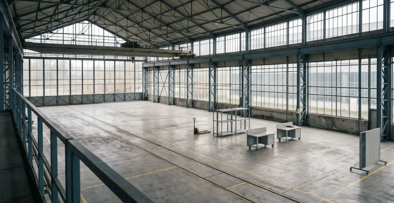 Vue architecturale d'un espace industriel temporaire illustrant la continuité d'activité après sinistre