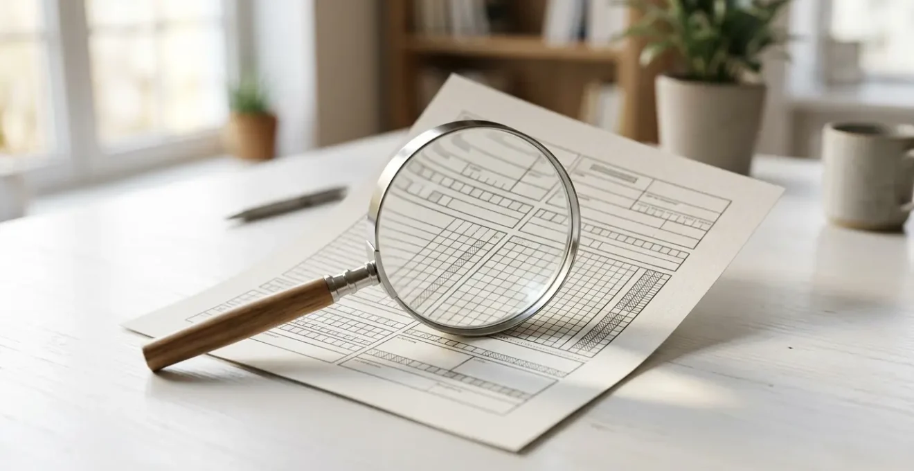 Document officiel de crédit posé sur une table avec une loupe mettant en évidence des lignes de texte essentielles