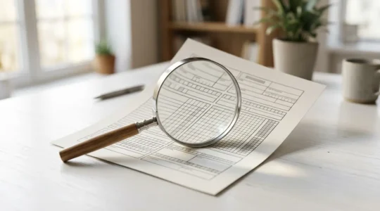 Document officiel de crédit posé sur une table avec une loupe mettant en évidence des lignes de texte essentielles