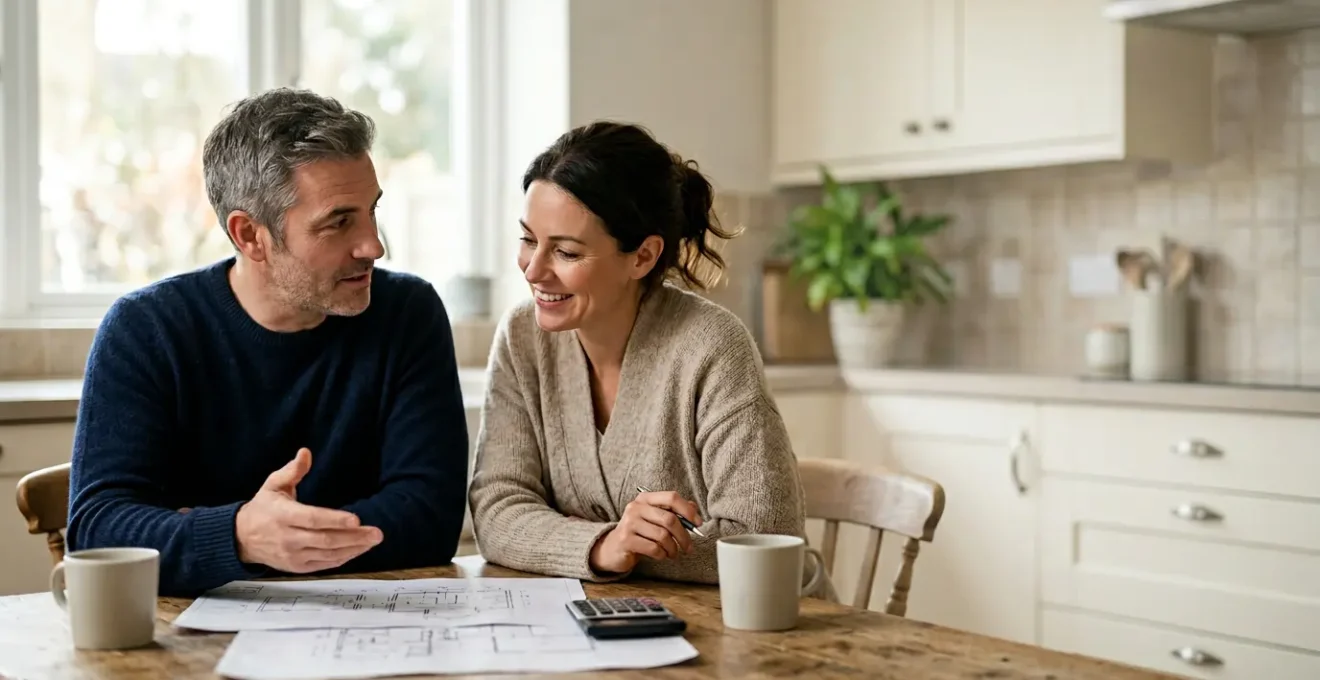 Couple réfléchissant sereinement à leur projet de rénovation avec documents financiers