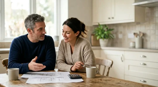 Couple réfléchissant sereinement à leur projet de rénovation avec documents financiers
