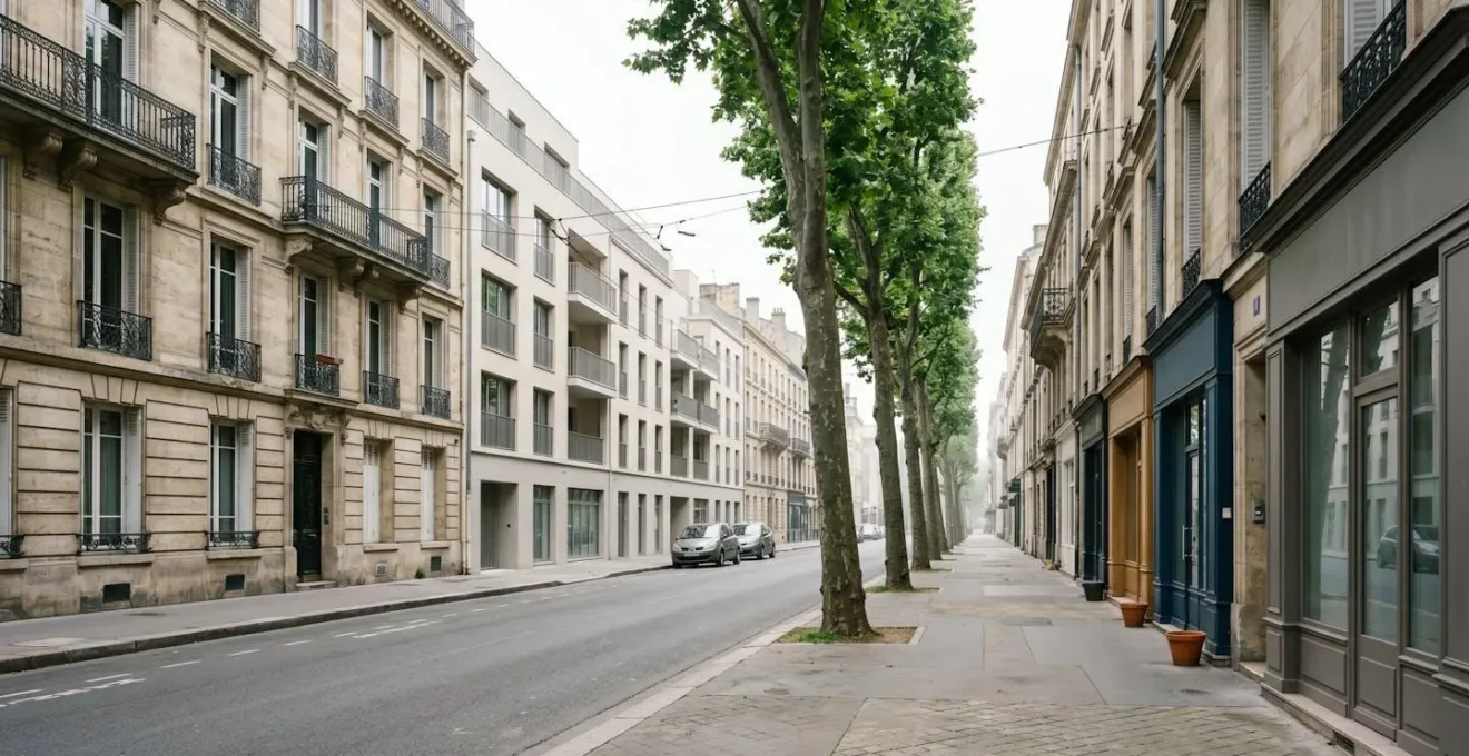 Vue urbaine minimaliste d'une rue en transformation avec architecture ancienne et rénovée symbolisant la gentrification