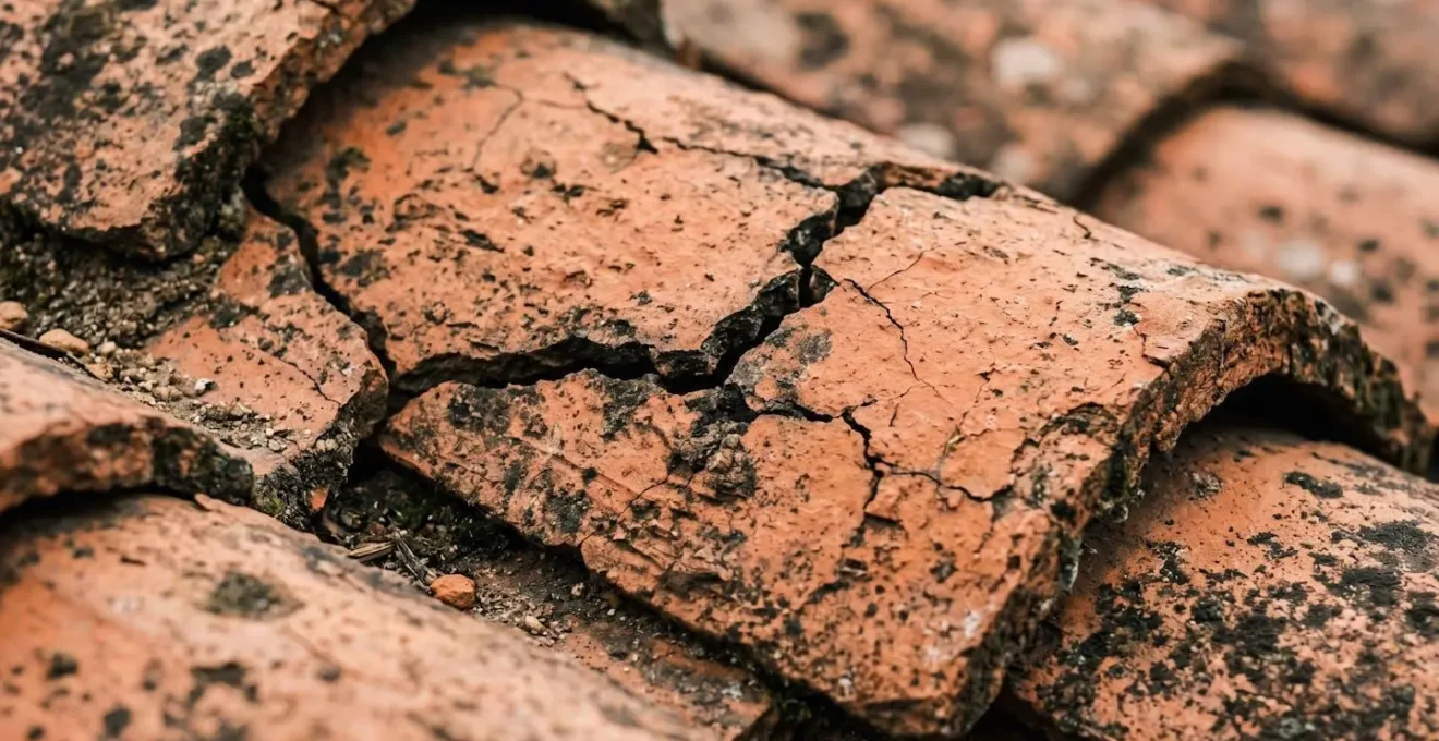 Détail macro de tuiles de toiture présentant des fissures et des traces d'usure