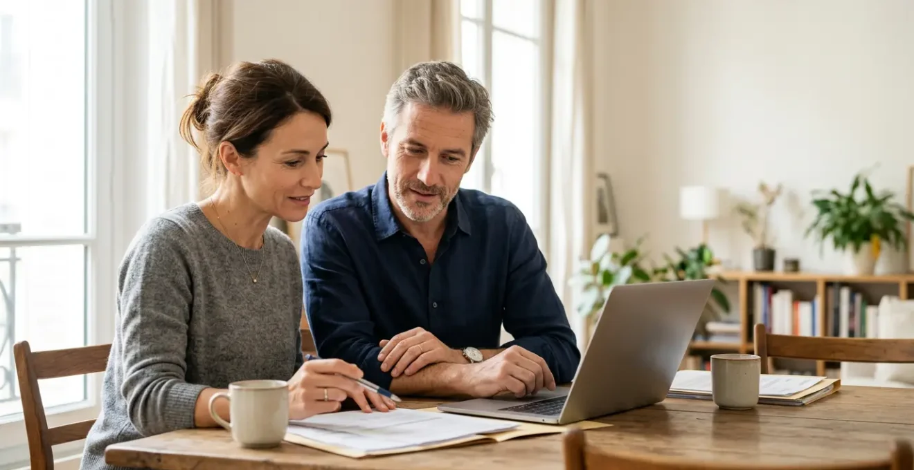 Couple analysant des documents financiers dans un environnement lumineux et rassurant pour illustrer le financement d'un achat immobilier avant la vente