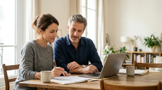 Couple analysant des documents financiers dans un environnement lumineux et rassurant pour illustrer le financement d'un achat immobilier avant la vente
