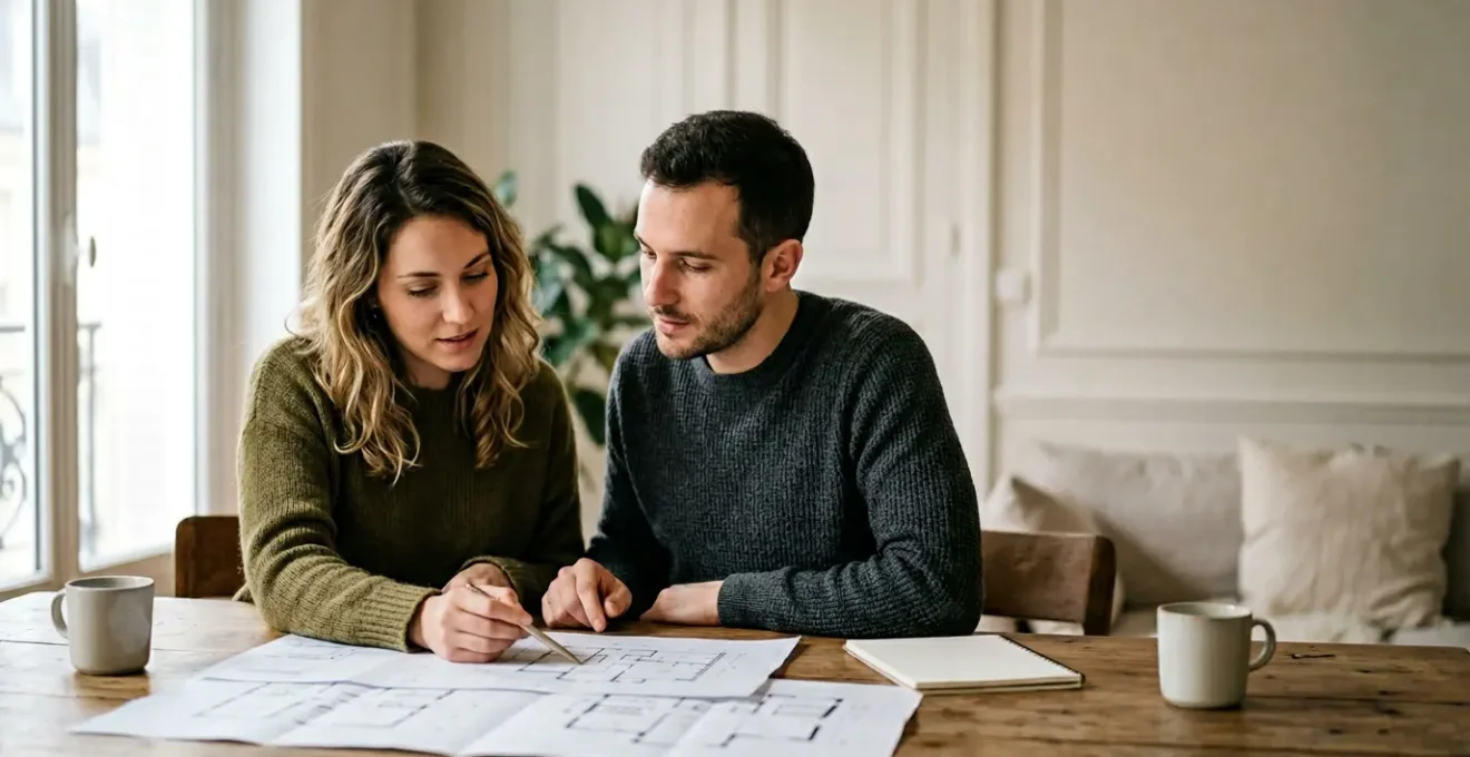 Jeune couple consultant des documents immobiliers dans un environnement lumineux et moderne