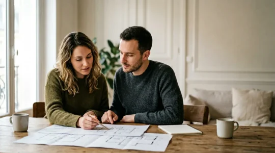 Jeune couple consultant des documents immobiliers dans un environnement lumineux et moderne