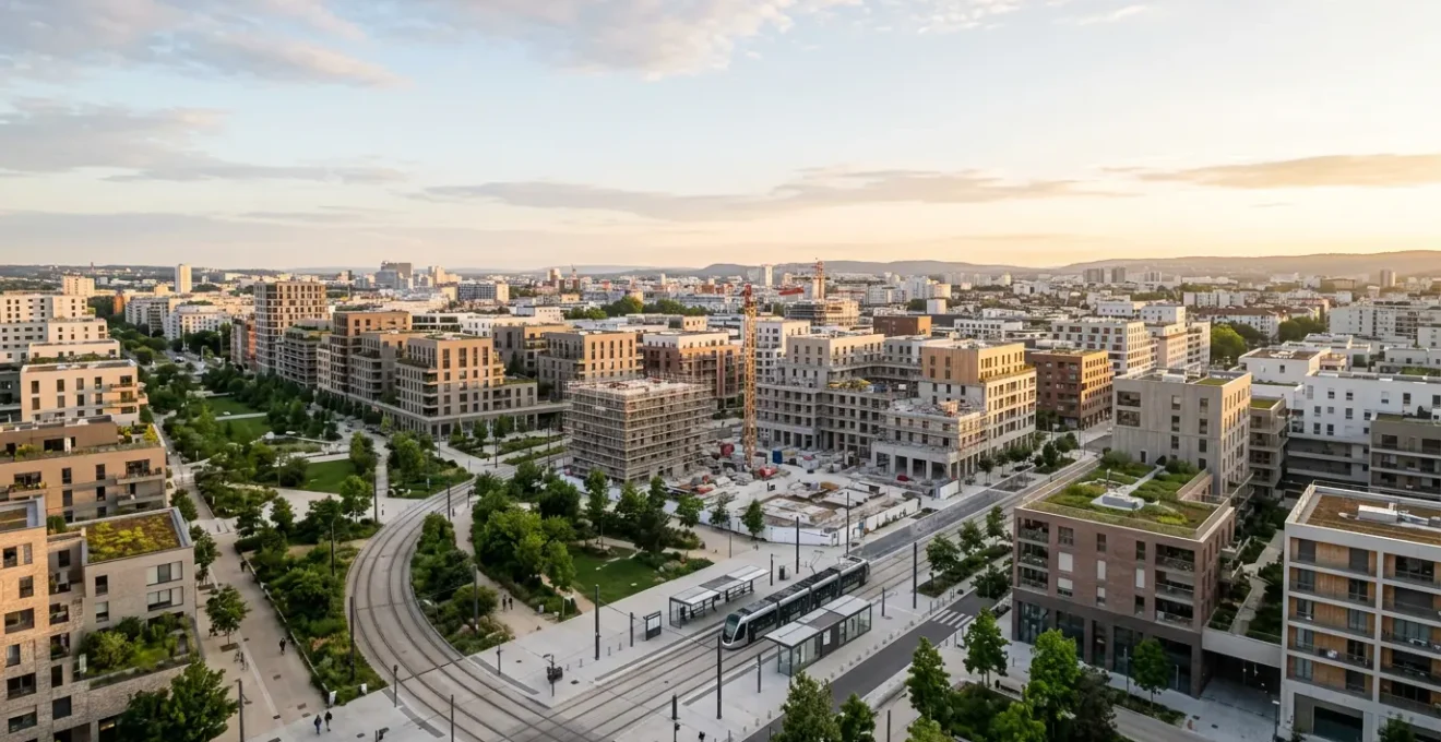 Vue aérienne d'un quartier urbain français en développement avec infrastructures modernes