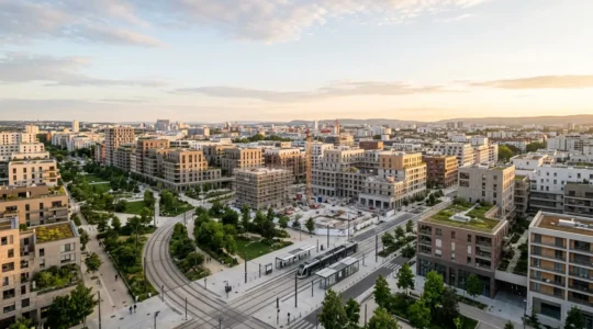 Vue aérienne d'un quartier urbain français en développement avec infrastructures modernes