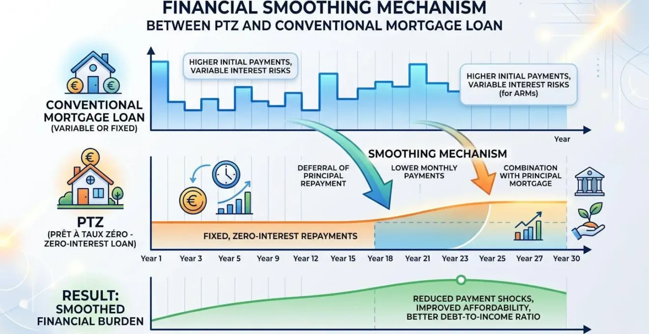 Représentation visuelle du mécanisme de lissage financier entre PTZ et prêt immobilier classique