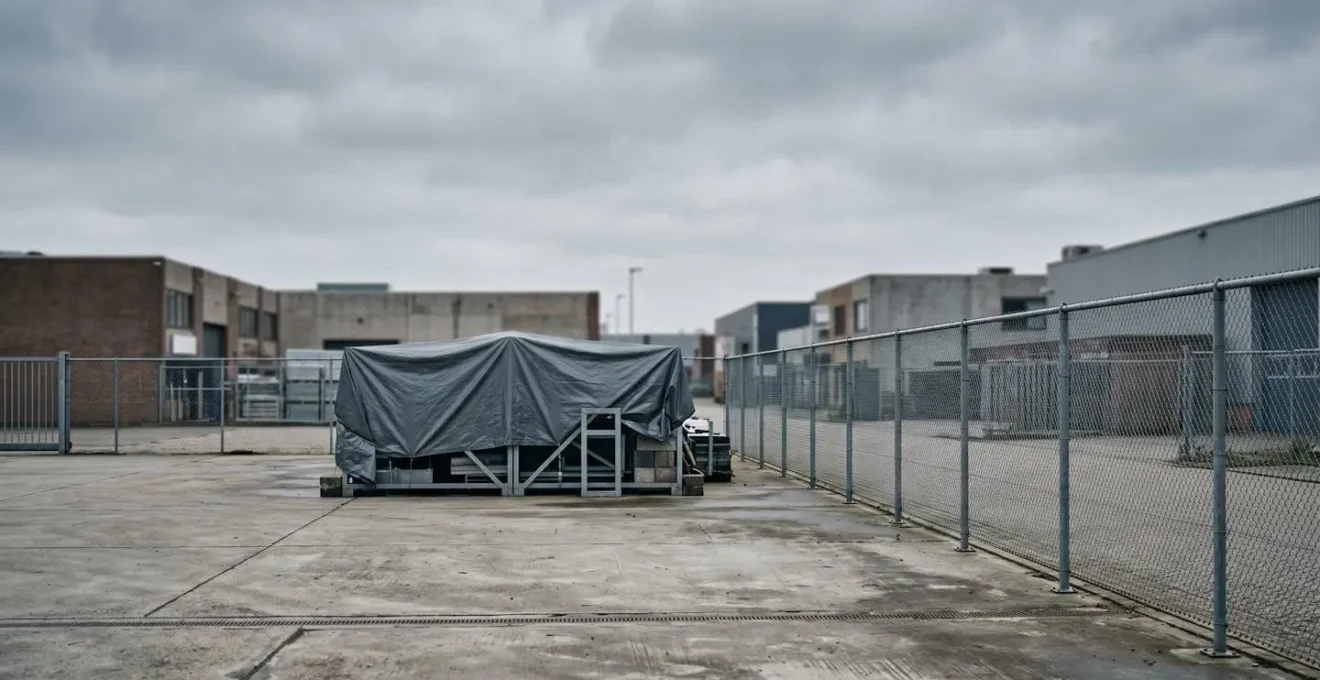 Zone de stockage extérieur sécurisée avec marchandises protégées et dispositifs de surveillance
