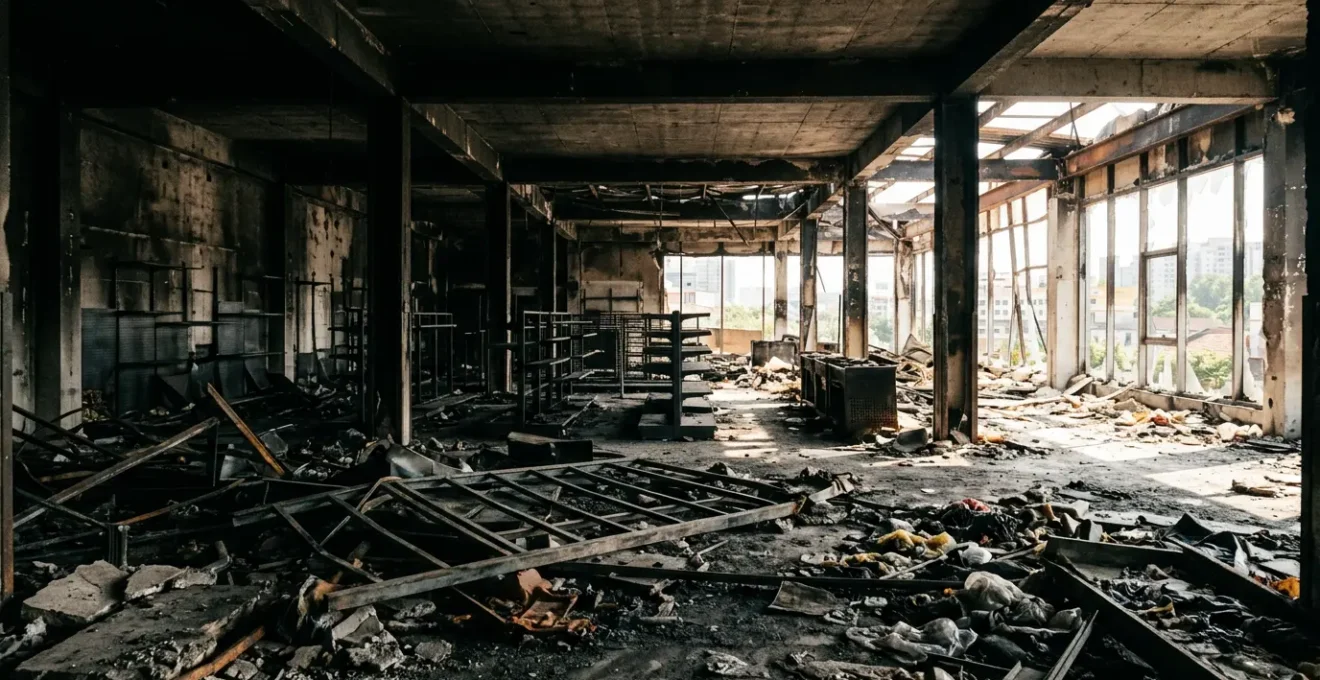 Espace commercial ravagé après sinistre majeur avec reconstruction symbolique