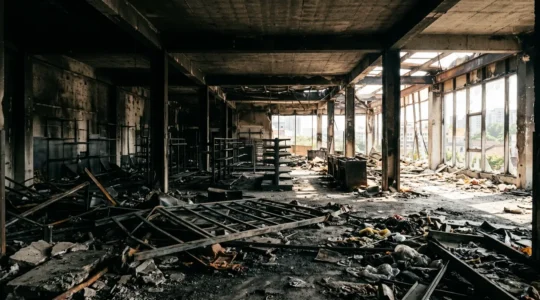 Espace commercial ravagé après sinistre majeur avec reconstruction symbolique