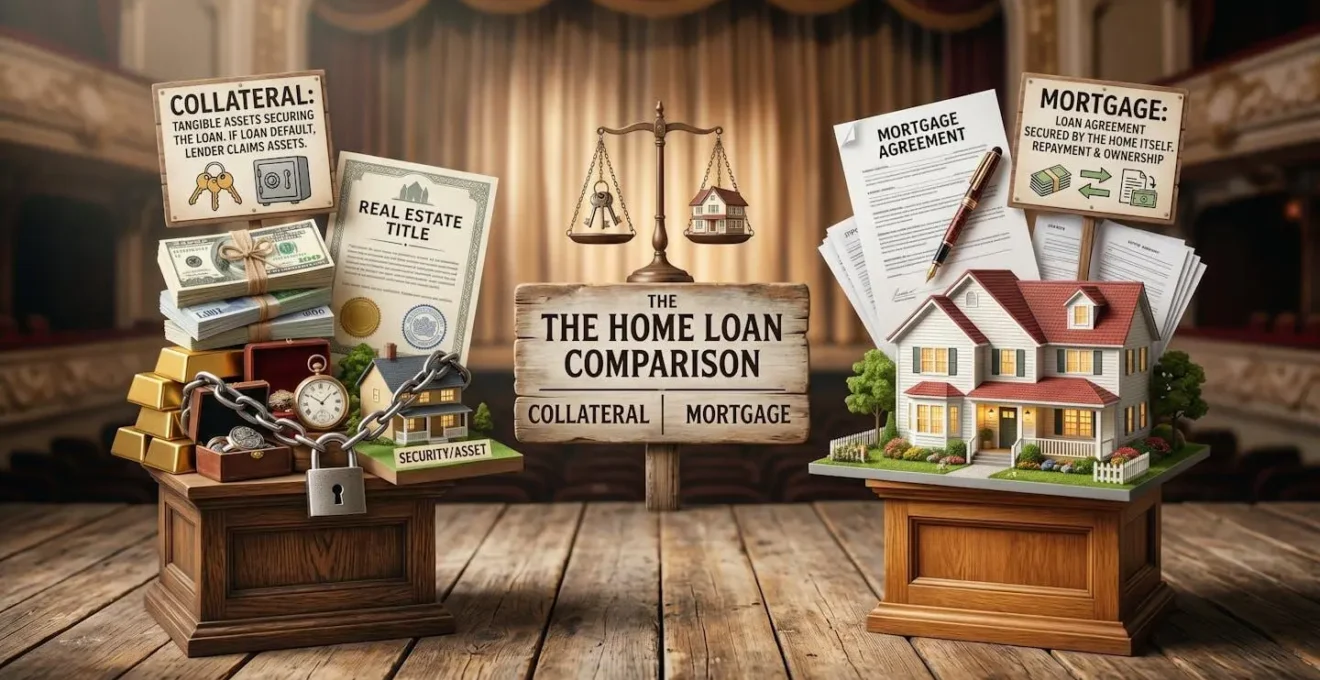 Mise en scène symbolique comparant caution et hypothèque pour un prêt immobilier