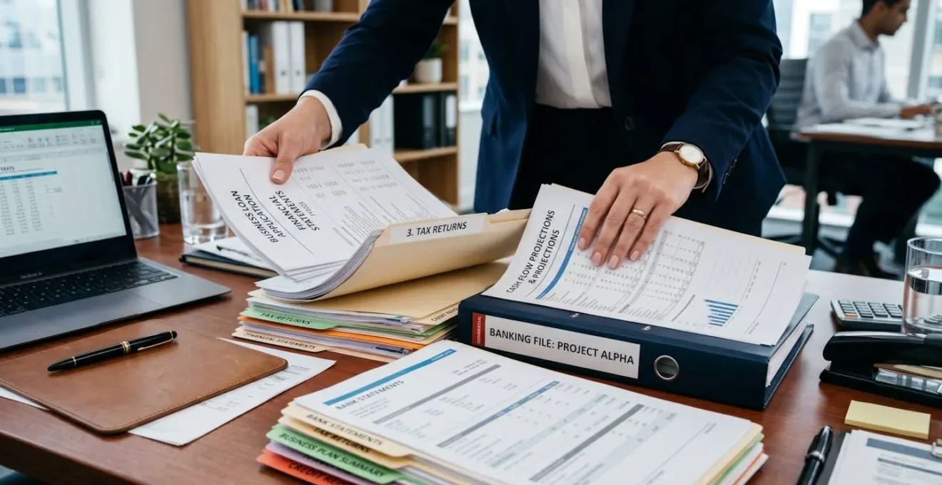 Mains d'un professionnel organisant des documents financiers sur un bureau pour illustrer la préparation d'un dossier bancaire convaincant