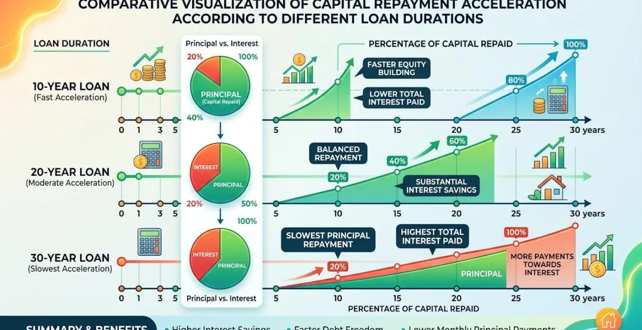 Visualisation comparative de l'accélération du remboursement de capital selon différentes durées de prêt