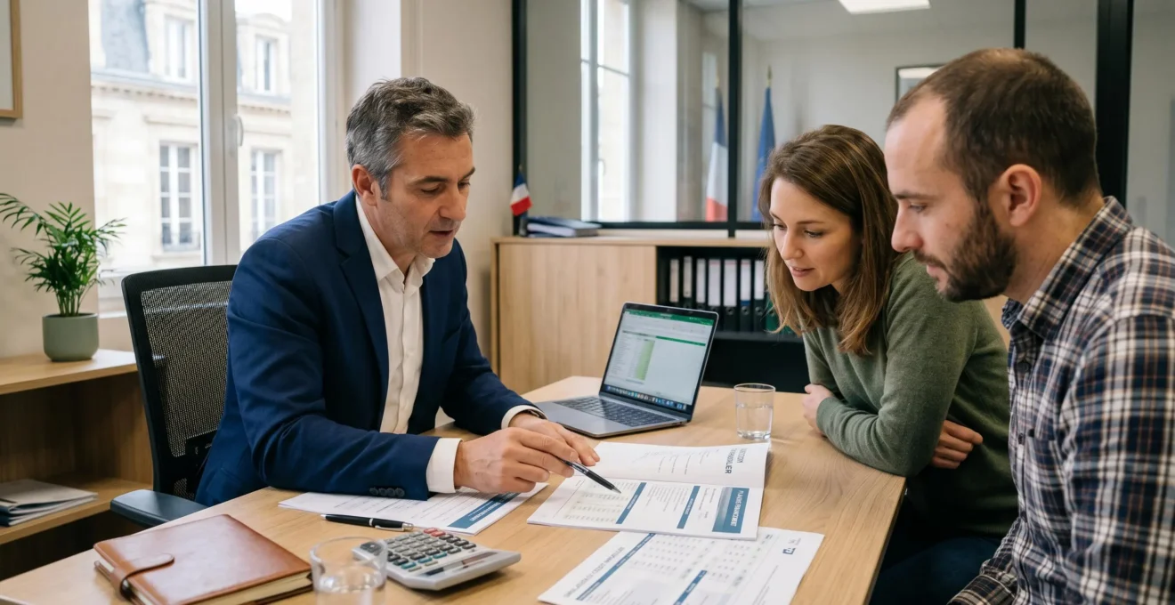 Courtier en crédit immobilier assis face à un couple de clients dans un bureau contemporain à Bordeaux, examinant ensemble des simulations de prêt et des plans de financement étalés sur le bureau, lumière naturelle, atmosphère professionnelle rassurante