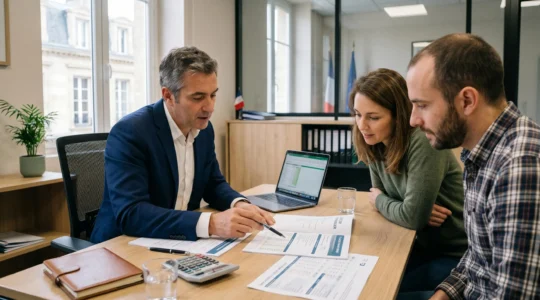 Courtier en crédit immobilier assis face à un couple de clients dans un bureau contemporain à Bordeaux, examinant ensemble des simulations de prêt et des plans de financement étalés sur le bureau, lumière naturelle, atmosphère professionnelle rassurante