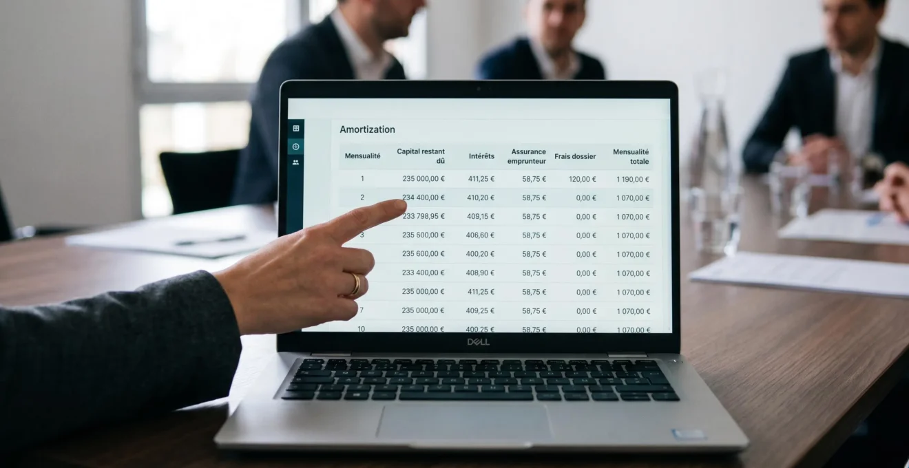Écran d'ordinateur affichant un tableau d'amortissement de prêt immobilier avec colonnes détaillées en français (Capital, Intérêts, Assurance, Frais, Mensualité), main pointant vers une ligne spécifique, contexte de présentation professionnelle
