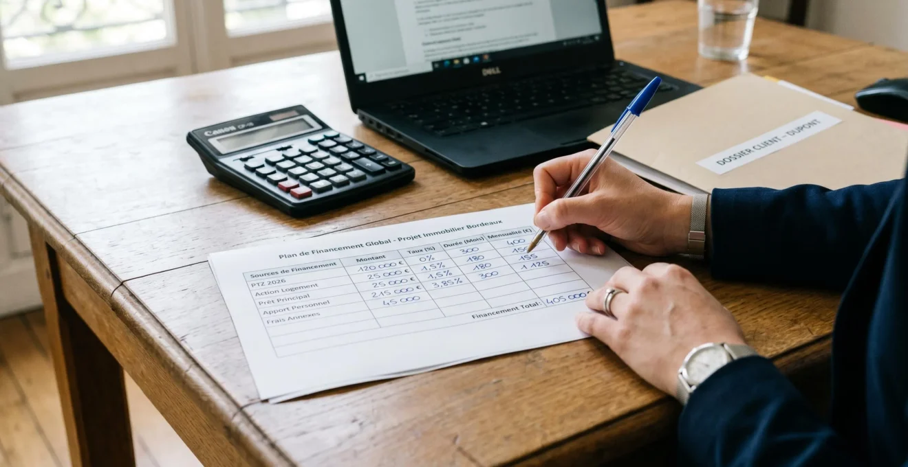 Main de professionnel complétant au stylo un tableau de plan de financement multi-sources avec colonnes PTZ 2026, Action Logement, Prêt principal et Apport personnel, sur un bureau de courtier avec calculatrice et documents en arrière-plan